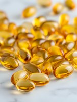Omega-3 fish oil capsules scattered on marble surface with soft natural lighting, showing translucent golden gel supplements for health and nutrition concepts.