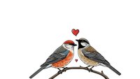 Two cute birds in love sitting on branch with hearts, romantic wildlife couple illustration isolated on white background for Valentine greeting cards.