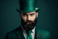 Bearded man in emerald green suit and top hat against dark background, dramatic studio lighting creates mysterious gentleman portrait for St Patrick's Day themes.