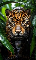 Jaguar with intense gaze peering through wet rainforest foliage during rainfall, showcasing distinctive spotted coat pattern and powerful presence in natural habitat.