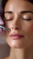 Close-up of young Asian woman receiving permanent makeup procedure on lips. Beautician in protective gloves working with professional equipment in salon.