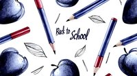 Seamless pattern with blue apples, pencils and falling leaves on white background. Back to school concept with hand drawn elements arranged in repeating design.