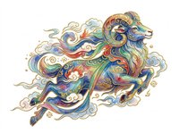 Colorful celestial ram with flowing clouds and golden ornaments, isolated on transparent background. Great for t-shirts, stickers, print on demand, and sublimation designs.
