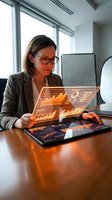Professional businesswoman analyzing holographic financial data charts and graphs on futuristic transparent display in modern office environment.