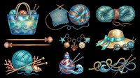 Knitting and crochet supplies collection with yarn balls, needles, basket, and accessories isolated on transparent background for crafts, design projects, and print-on-demand products.