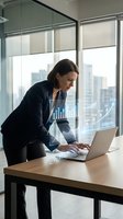 Professional businesswoman analyzing financial data and growth charts on laptop in modern office with city skyline view for corporate presentations.