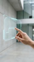 Hand interacting with holographic touchscreen interface displaying tap to start command in modern futuristic environment for technology and innovation concepts.
