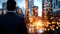 Businessman in suit looking at illuminated city skyline at dusk with bokeh lights from urban buildings creating atmospheric corporate scene.
