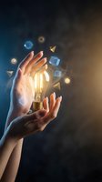 Hands protecting glowing light bulb with floating geometric shapes representing innovation, creativity and business solutions for technology concepts.