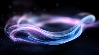 Glowing abstract wave with pink and blue light trails against dark background, sparkling particles creating dynamic flowing motion effect for modern design projects.