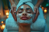 Young African American woman receiving luxury spa facial treatment with clay mask, eyes closed in relaxation, perfect for beauty and wellness advertising.