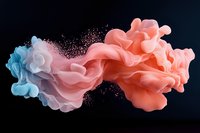 Ethereal coral and turquoise smoke clouds with glitter particles floating against dark background, creating dreamy abstract art composition for luxury design projects.