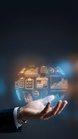 Business professional male hand holding glowing digital sphere with project management icons including charts, clipboard, calendar, and efficiency metrics for corporate planning and workflow solutions.