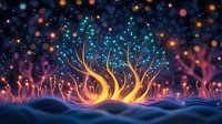 Magical glowing trees with luminescent branches against dark night sky with bokeh lights and sparkles. Fantasy nature landscape for fairy tale illustrations.