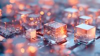 Glowing translucent cubes with orange light effects on reflective surface, abstract technological background with bokeh and depth of field for digital concepts.