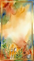 Watercolor culinary background with autumn hues, gold frame border, and cooking utensils with fresh herbs and spices arranged at bottom for recipe cards, menus, and food design projects.
