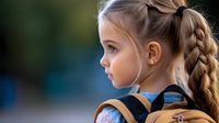 Young Caucasian girl with braided hair and backpack looking away thoughtfully on blurred natural background, profile view portrait capturing childhood curiosity and wonder.