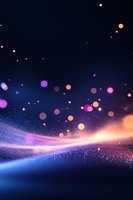 Magical glowing particles and bokeh lights floating over abstract curved horizon with purple and orange gradient, creating dreamy cosmic atmosphere.