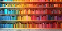 Colorful rainbow gradient bookshelf arrangement with books organized by color from blue to red on wooden floor, creating vibrant spectrum display in library interior.