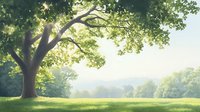 Sunlight filtering through majestic oak tree branches creates magical atmosphere in misty morning meadow with fresh green grass and natural summer landscape.