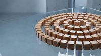 Wooden blocks arranged in circular spiral pattern on reflective surface creating geometric design for architecture and construction concepts.