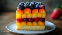 Colorful fruit cake slice with layers of fresh berries, mango, and peach on shortbread base, served on white plate against rustic wooden background.