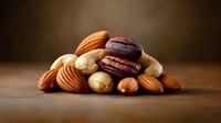 Mixed nuts and chocolate macarons arranged on wooden surface with warm brown background, creating appetizing composition for food photography and dessert menus.