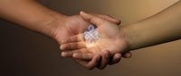 Two hands cupped together holding glowing DNA double helix symbol representing genetic research, biotechnology and medical science collaboration.