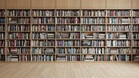 Large wooden bookshelf wall filled with books in modern library or study room with hardwood floor for education and reading concepts.