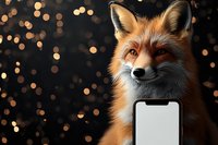 Red fox holding smartphone with blank screen against dark background with golden bokeh lights. Perfect for digital marketing or wildlife technology concepts.