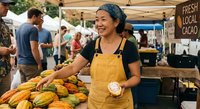 Asian woman vendor in yellow apron selling fresh cacao pods at outdoor farmers market with customers browsing local produce stands in background.