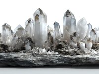 Clear quartz crystal cluster formation on natural stone base, showcasing translucent points with mineral inclusions against white background.
