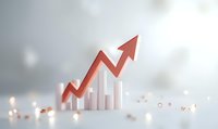 Growing business graph with upward red arrow showing positive trend on white background with bokeh light effects and soft shadows for financial presentations.