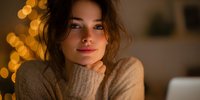 Young woman in cozy sweater with warm smile illuminated by soft golden bokeh lights creating intimate holiday atmosphere at home.