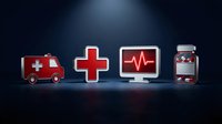 Four glossy red and silver medical icons on dark background: ambulance, cross, heart monitor, pill bottle, for healthcare design.