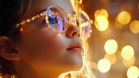 Young Asian woman in round holographic glasses with golden bokeh lights reflection, dreamy atmospheric portrait in warm evening illumination.