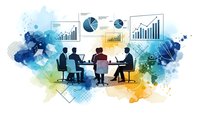 Business team meeting with data analytics charts and graphs in modern corporate environment for strategic planning and decision making.