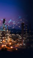 Smart industrial facility with digital network connections at night showcasing modern technology integration and automation systems.