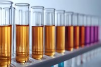 Rows of laboratory test tubes filled with amber and purple liquid samples arranged in scientific research setting.
