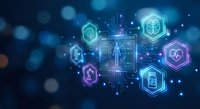 Futuristic digital network with glowing hexagonal icons and circuit patterns on dark blue bokeh background for technology presentations.