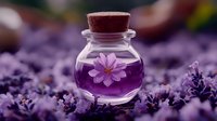 Small glass bottle with cork stopper containing purple liquid surrounded by fresh lavender flowers on wooden surface for aromatherapy and natural wellness.