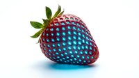 Vibrant strawberry with gradient color transition from deep red to electric blue, isolated on white background, suitable for design projects.