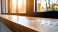 Sunlit wooden windowsill with natural wood grain texture in morning light, blurred autumn trees visible through window glass creating cozy home atmosphere.