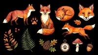 Watercolor fox clipart set with autumn elements, isolated on transparent background. Great for stickers, t-shirt design, print on demand, and sublimation projects.