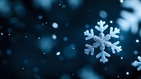 Delicate snowflake crystal with intricate patterns floating against dark blue bokeh background, winter seasonal macro photography with soft focus and magical atmosphere.