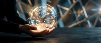 Person holding glowing globe with illuminated network connections, representing global communication, technology innovation, and worldwide digital connectivity for business concepts.