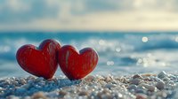 Two red wooden hearts on sandy beach with blurred ocean waves and bokeh sunlight in background, romantic seaside valentine concept.