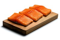 Fresh raw salmon fillets arranged on wooden cutting board, displaying vibrant orange color and distinctive marbling pattern, ready for cooking or sushi preparation.