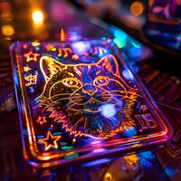 Glowing neon cat illustration with stars and musical notes on dark background, vibrant blue and orange colors create mystical nightclub atmosphere.