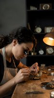 Skilled female watchmaker with curly hair concentrating on delicate timepiece repair in atmospheric workshop with vintage clocks and warm lighting.